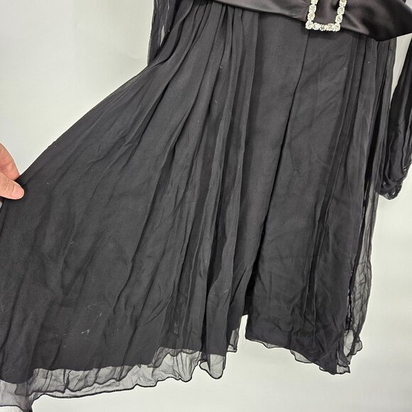 Vintage 1960s Cocktail Party Dress 9 Black Chiffon Ruffle V Neck Rhinestone Belt - Picture 5 of 13